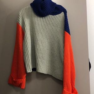 Chunky Knit Color Block Turtle Neck Sweater